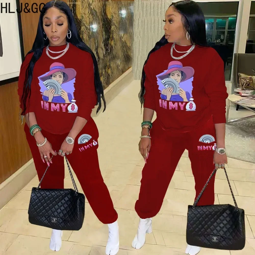 

HLJ&GG Autumn Casual Pattern Printting Two Piece Sets Women Round Neck Long Sleeve Pullover+Jogger Pants Outfits Tracksuits 2023