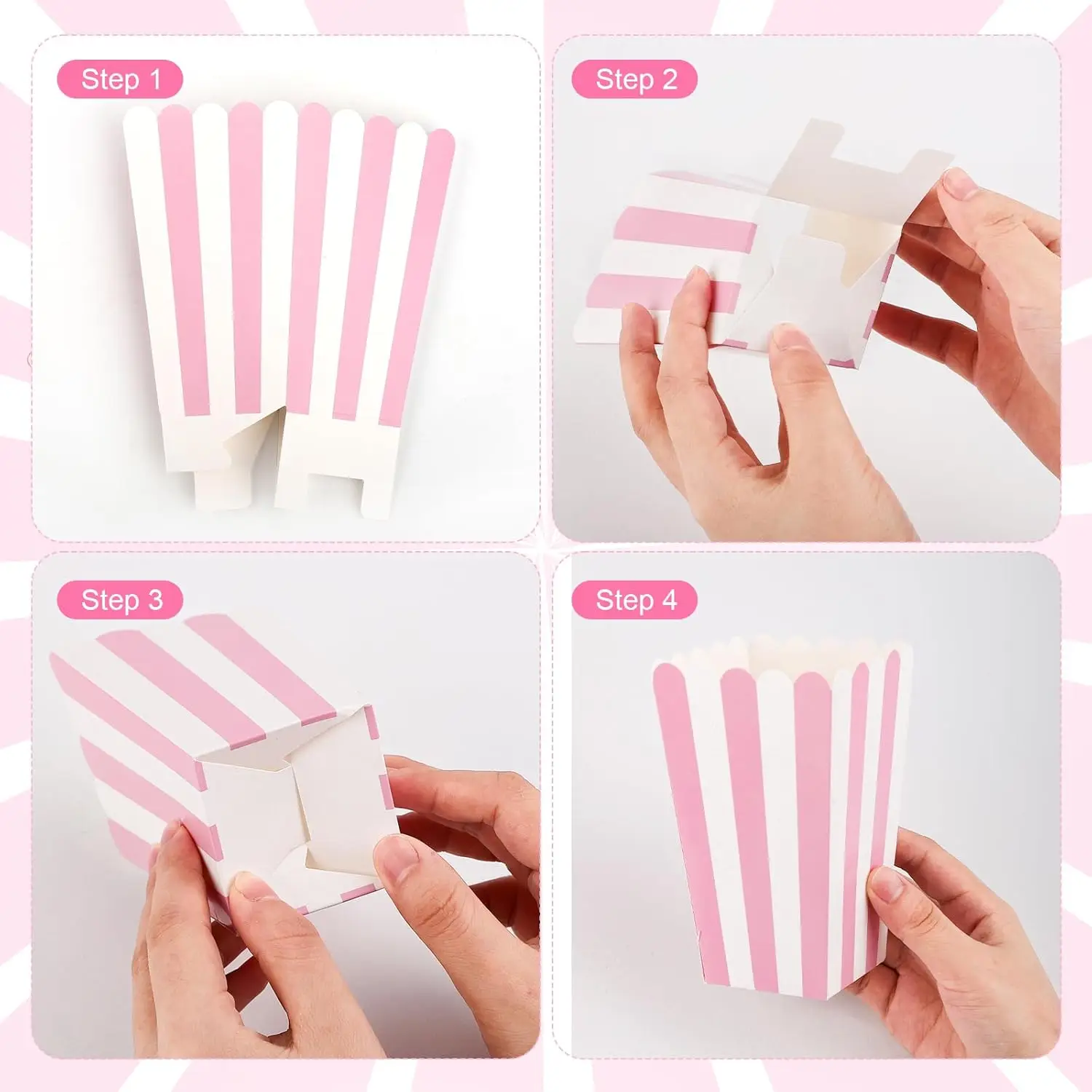 6/12/18 قطعة من صندوق الفشار الورقي المخطط المموج المنقط الوردي ، صندوق هدايا حلوى الفشار ، الزفاف ، ديكور حفلات أعياد الميلاد