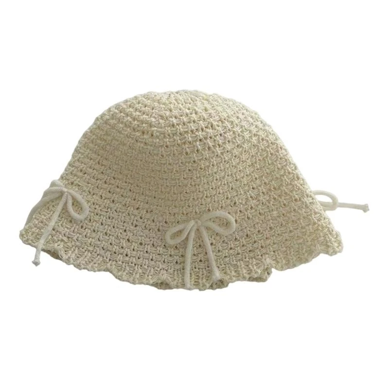 X5XA Woman Crochet Bucket Hat with Bowknot Decals Floppy Hat for Travel Casual