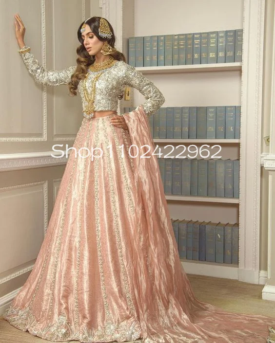 Pakistani and Indian Gold Evening Formal Dresses with Cape Veil Pink Long Sleeve Two Pieces Gillter Beaded Prom Gown