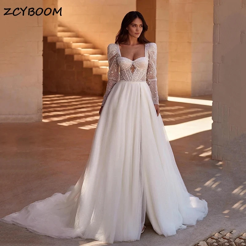 

Sexy Sweetheart Tulle Long Sleeve A-Line custom-made Wedding Dresses For Women 2024 Court Train Bridal Gowns Vestidos De Novia