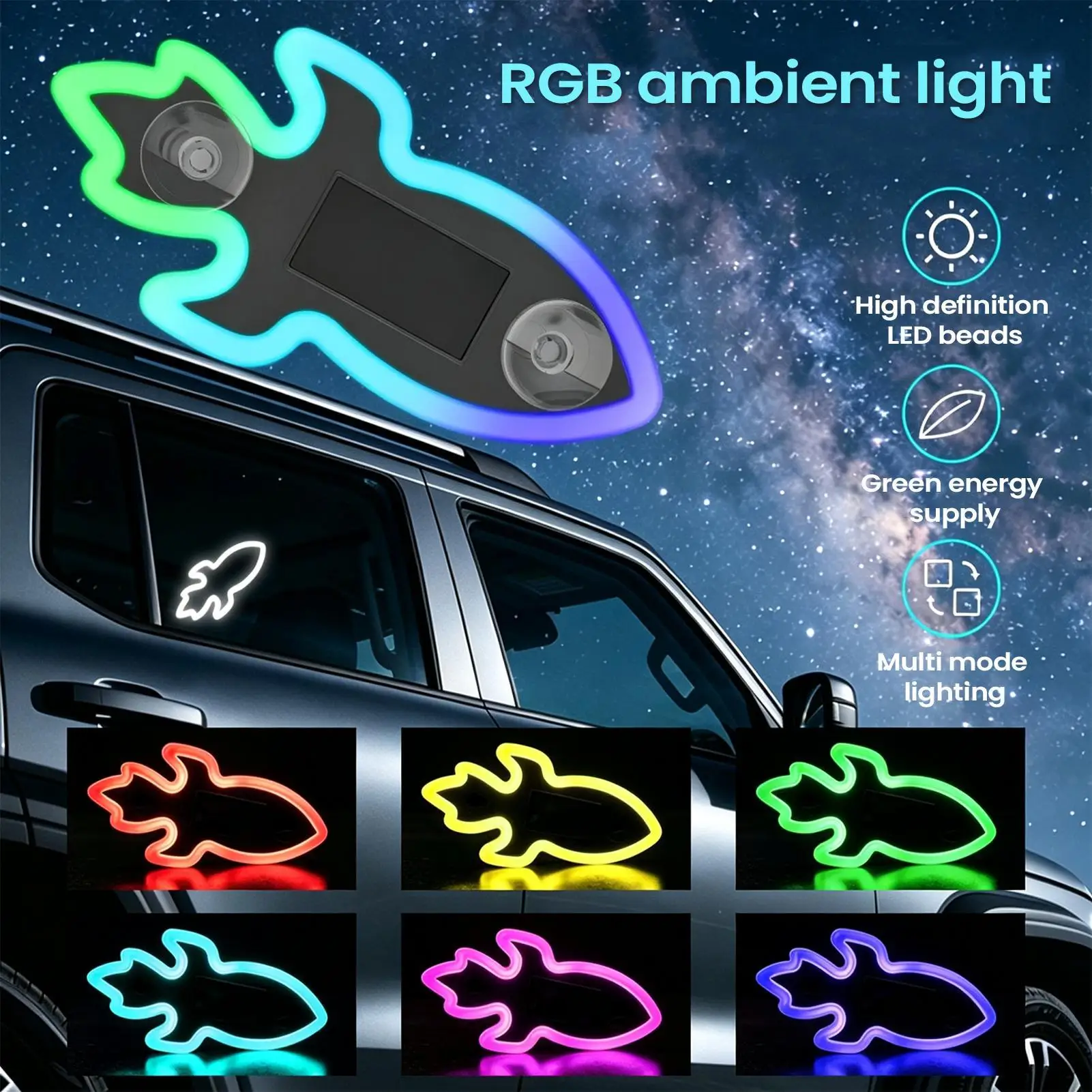 Universal Solar Atmosphere Light Rocket Starshaped Dynamic Gradient LED Fit Car Interior Ambient Light Decoration Accessory