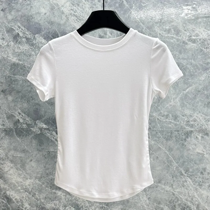 

Белая женская футболка для йоги в корейском стиле, летняя, облегающая, эластичная, быстросохнущая, дышащая, для бега и фитнеса