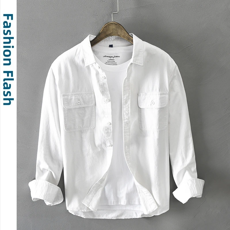 

Long Sleeve Cargo White Shirts For Men Clothing Green Spring And Autumn Pure Cotton Retro Style Button Up Pocket Streetwear