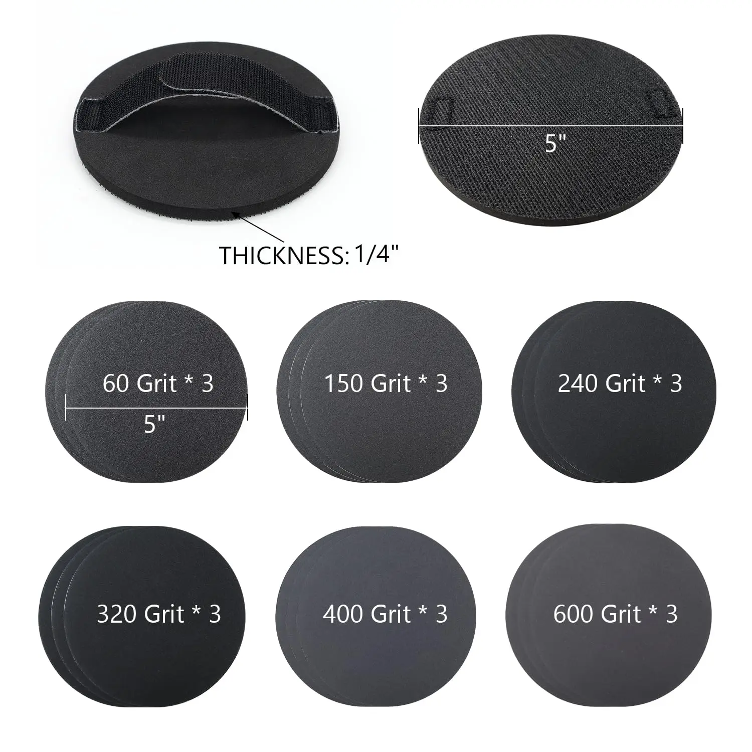 5 Inch EVA Hand Sanding Pad 19 Pcs with Hook and Loop Sandpaper Assorted 60/150/240/320/400/600 Grits for Woodworking Furniture