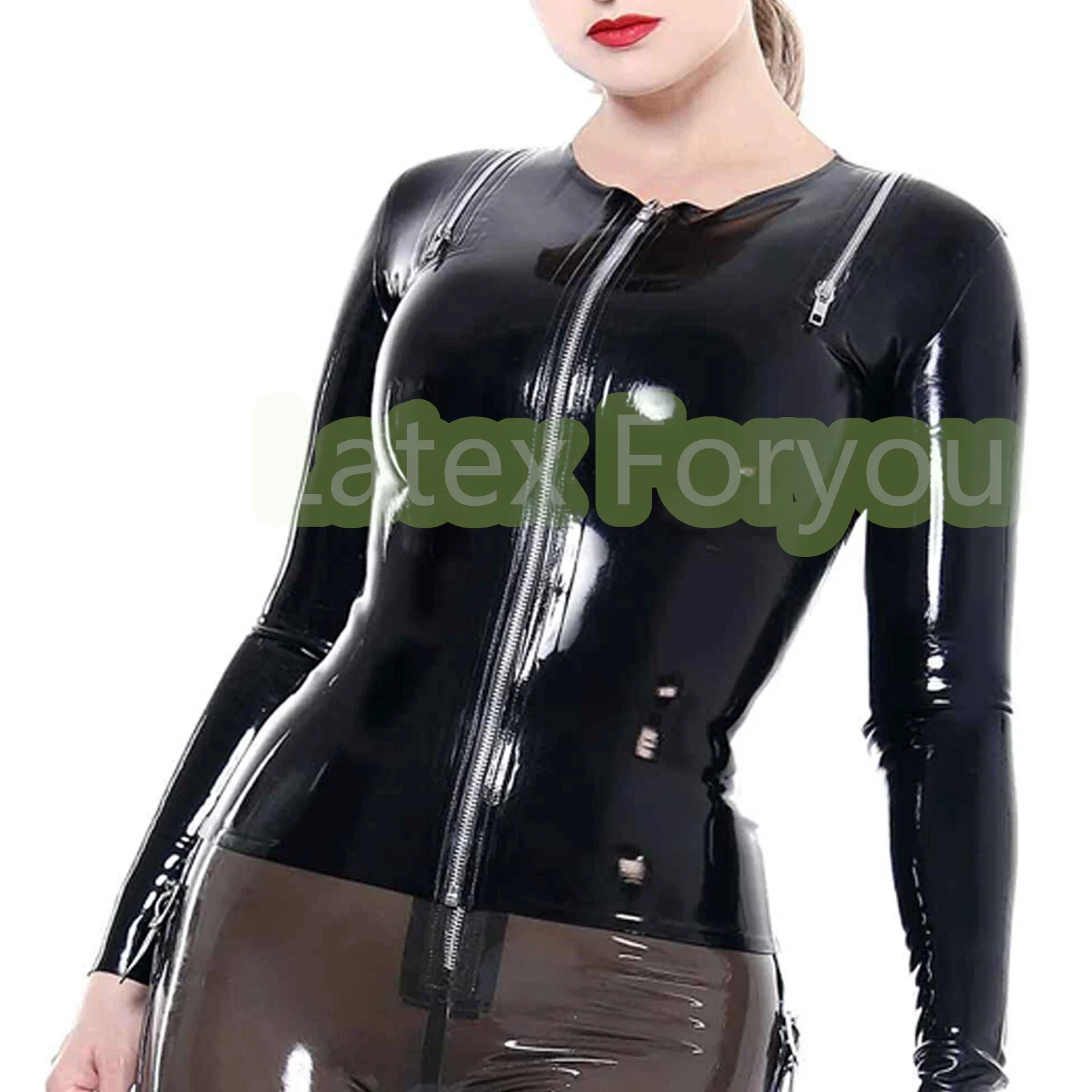 

Handmade Woman Latex Classic Shirt With Shoulder Zipper Long Sleeves Rubber Lady's Top With Front Zipper Gummi Latex Casual Top