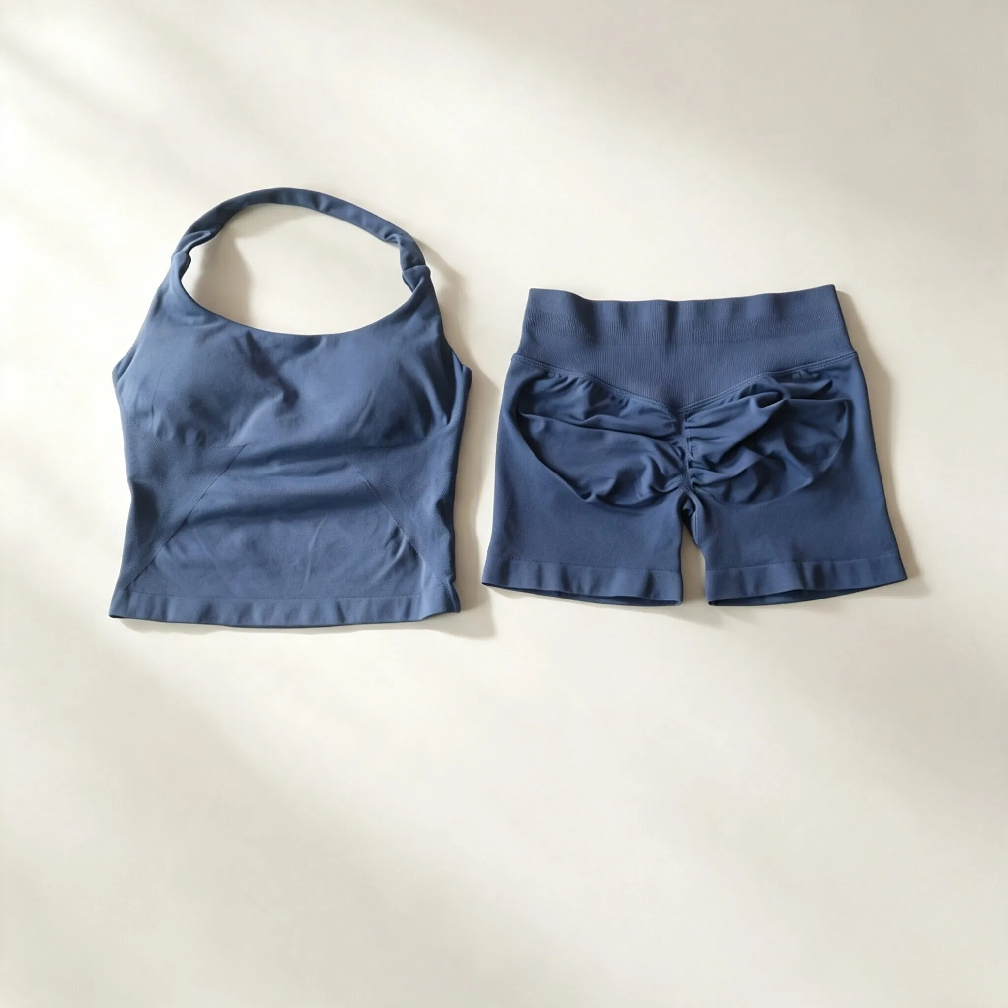 Dneyf 1D-3Y-2F Damen Neckholder Crop Sport-Top & Rüschen Scrunch Butt Shorts 2-teiliges Set Schnelltrocknendes Fitness Yoga Workout Outfit – Detail 28