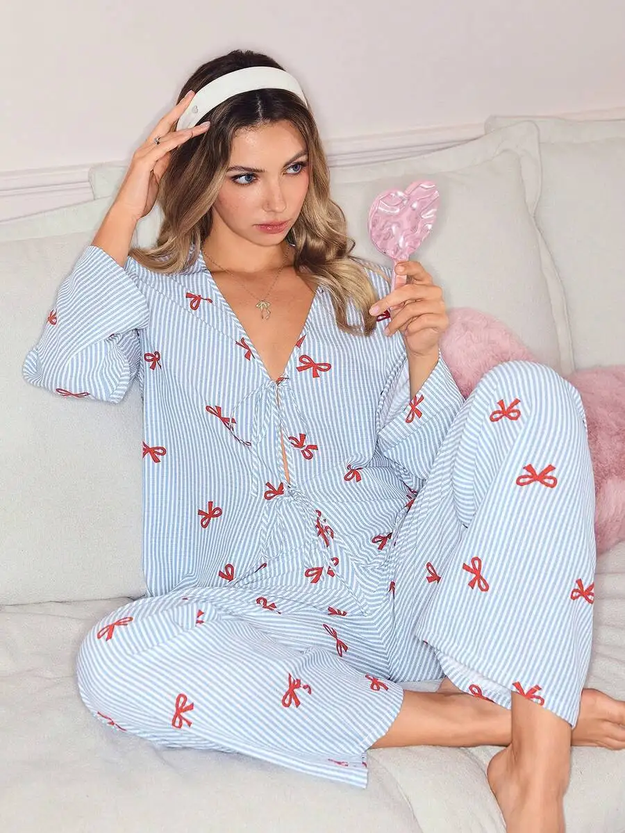 

Womens Striped Bowknot Front Tie Pajama Set Long Sleeve Sleepwear