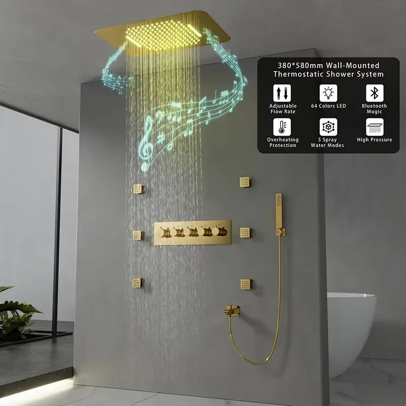 Multifunctional Gold Bathroom Ideas Shower Wholesale Ceiling Music Shower Head Rainfall Massage Thermostatic Shower Set