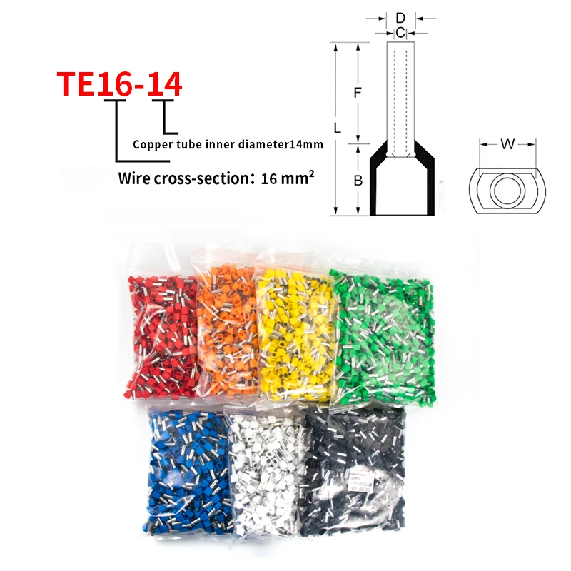 Wire connect Double Tube Type Terminal Blocks TE16-14 100pcs Copper Pre-insulated Quick connects for two-wire tube terminal