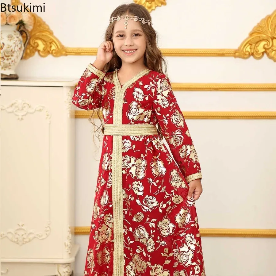 Arabic Dubai Gowns Girls Muslim Dress Middle East Clothes Fashion Birthday Party Prom Dresses Ethnic Style Islamic Kaftan Robes 6