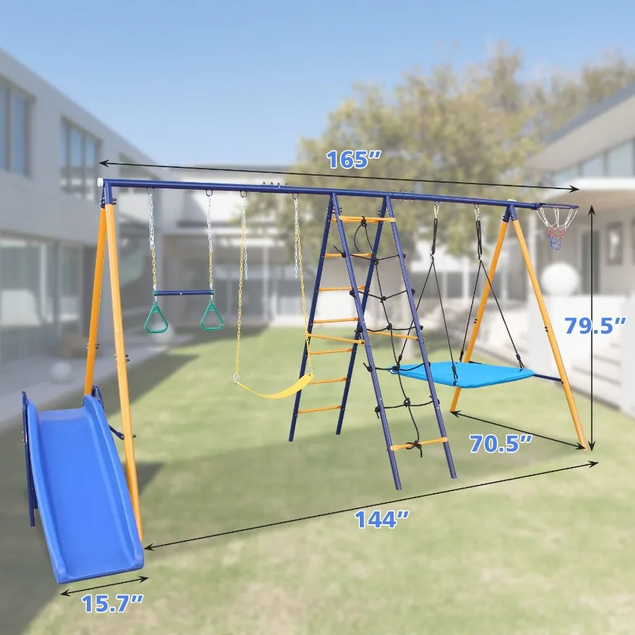 500 lbs 7 in 1 Swing Set for Backyard Outdoor AFrame HeavyDuty Metal Swing Sets with Slide 2 Swing Seats 1 Climbing Net Ladder