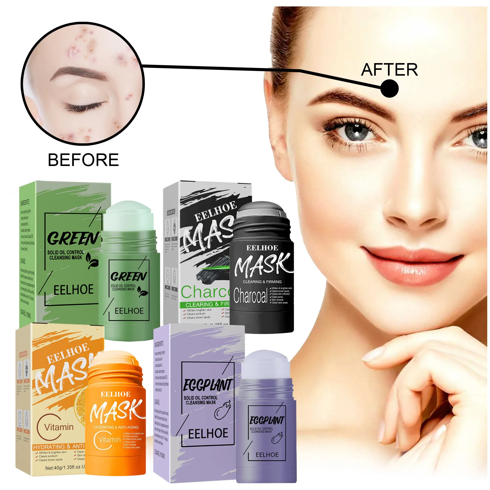 

1-4PCS Green Tea Eggplant Solid Clay Mask Stick Deep Cleansing Pores Hydrating Firming Purifying Facial Skincare for Oily Skin