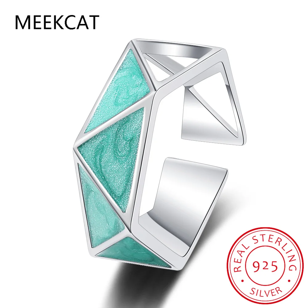 Genuine 925 Sterling Silver Blue Geometric Triangle Ring for Women Promise Ring Fine Jewelry Ocean Series Wedding Gift