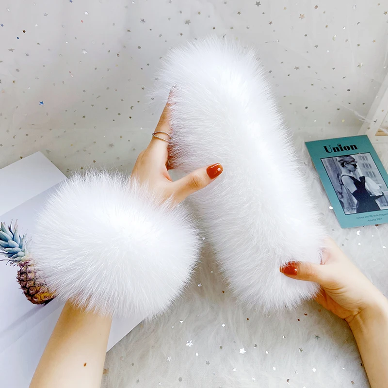 الكفة فرو الثعلب الحقيقي للنساء الشتاء سوار ناعم أبيض أسود رمادي رقيق الإناث المعصم الفرقة هدايا عيد الميلاد