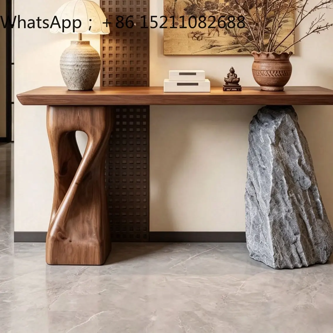 SCY medieval style all-solid wood entrance table household entrance corridor imitation stone end view table log strip case