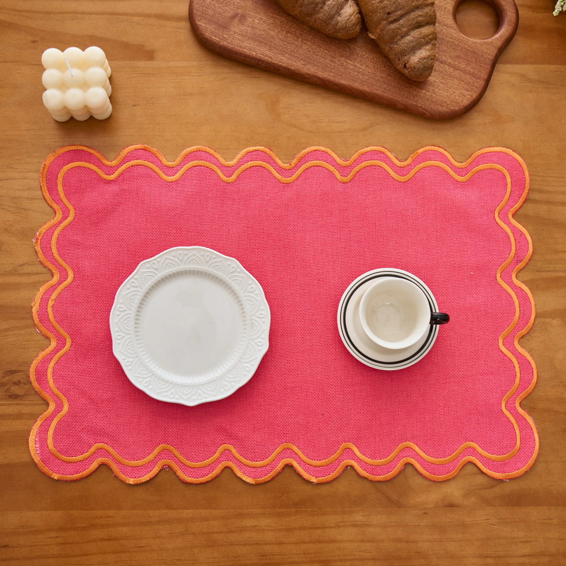 1/4/6/8pcs Rose Red Embroidered Placemats, Wavy Striped Lace Rectangular Table Mats, Kitchen Decor, Coasters for Cups