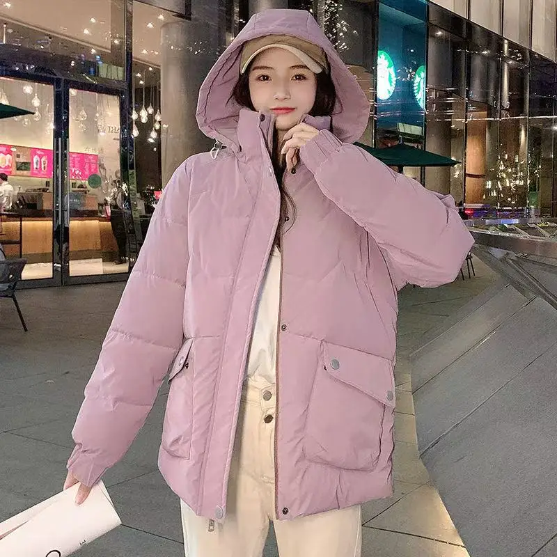 2025年 ロングダウンコットンジャケット レディース 韓国風 ルーズ パファーコート 新作 厚手 暖かい 中綿入り パーカー フード付き マント ファム ヒヴェール