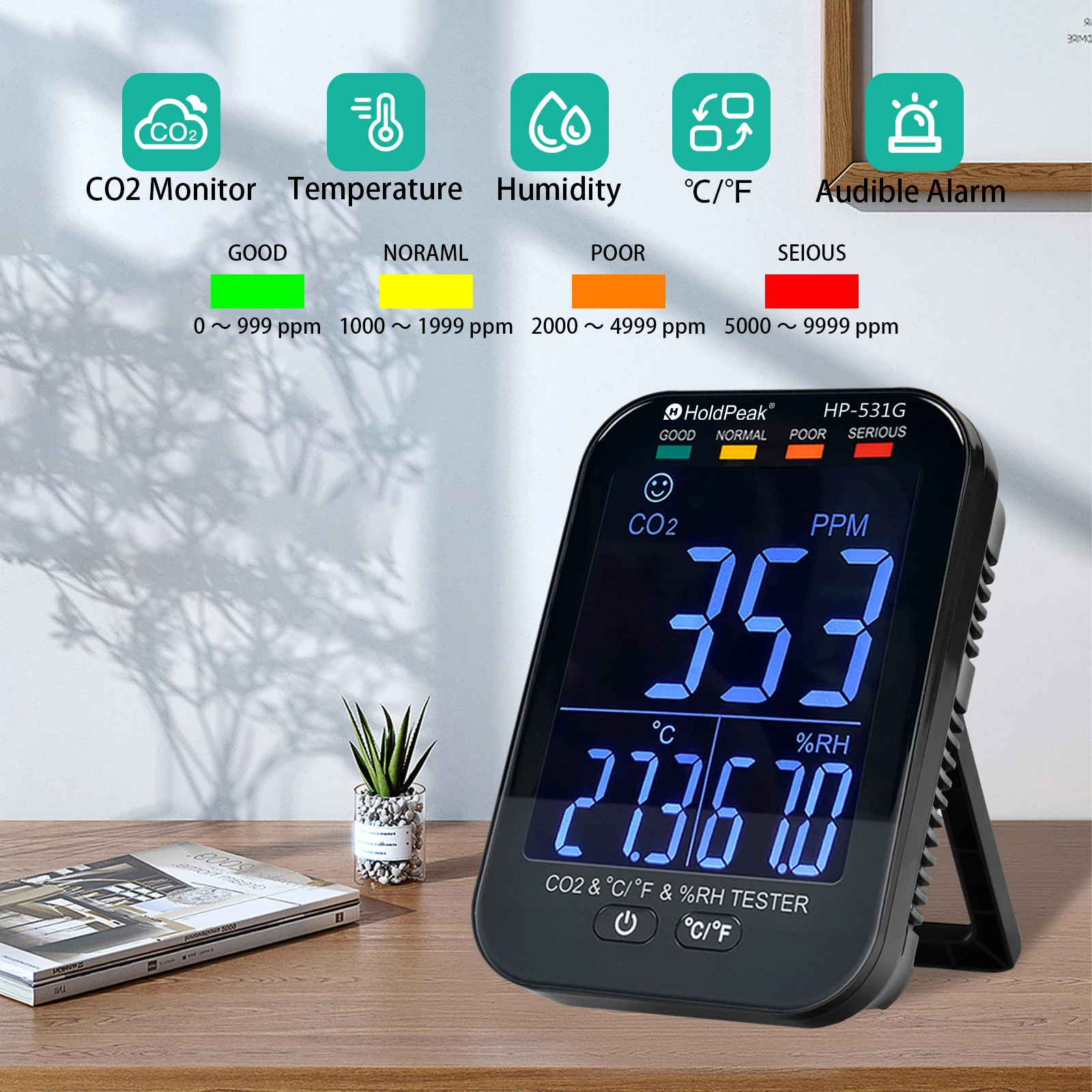 

531G CO2 Detector 0-10000ppm NDIR Sensor Temp Humidity Tester 4-Level Air Quality Monitor for Home Office