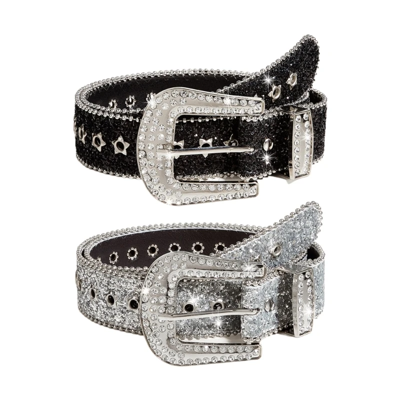 Locomotive Waist Belt Shinning Buckle Belts for Woman Men Luxurious Full Sequins Waist Strap for Jeans Dress N58F