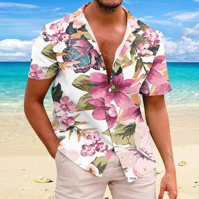 3D Printed Beach Flower Leaf Hawaiian Shirts For Men Plant Patterns Blouse Summer Vacation Short Sleeves Tops Loose Aloha Shirts