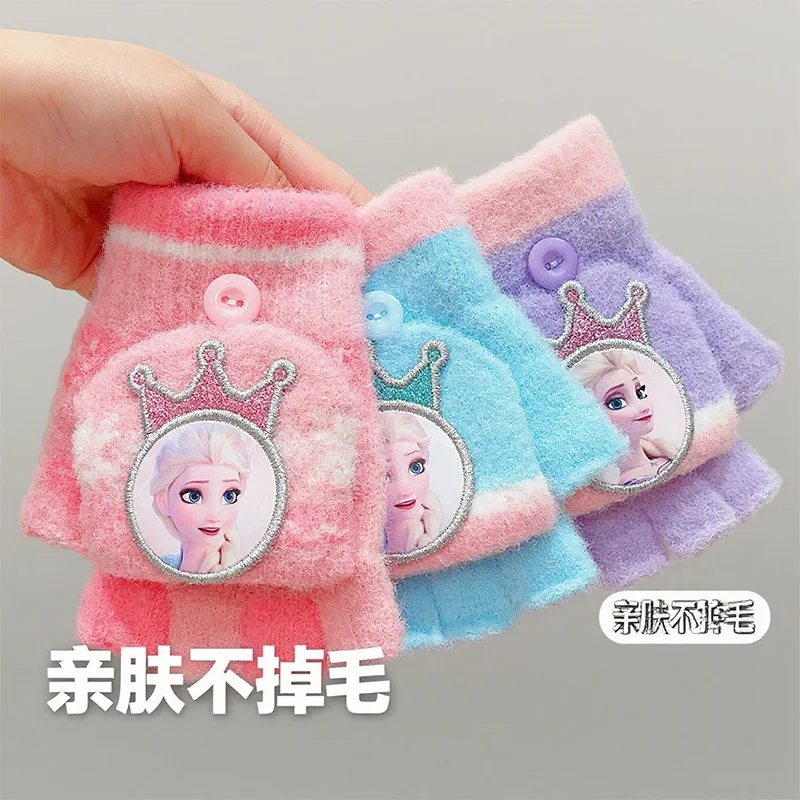 1-8psc Frozen Kinderhandschuhe Herbst/Winter-Kollektion Mädchen Flip-Top Halbfingerhandschuhe Elsa Princess Kältebeständig für Mädchen