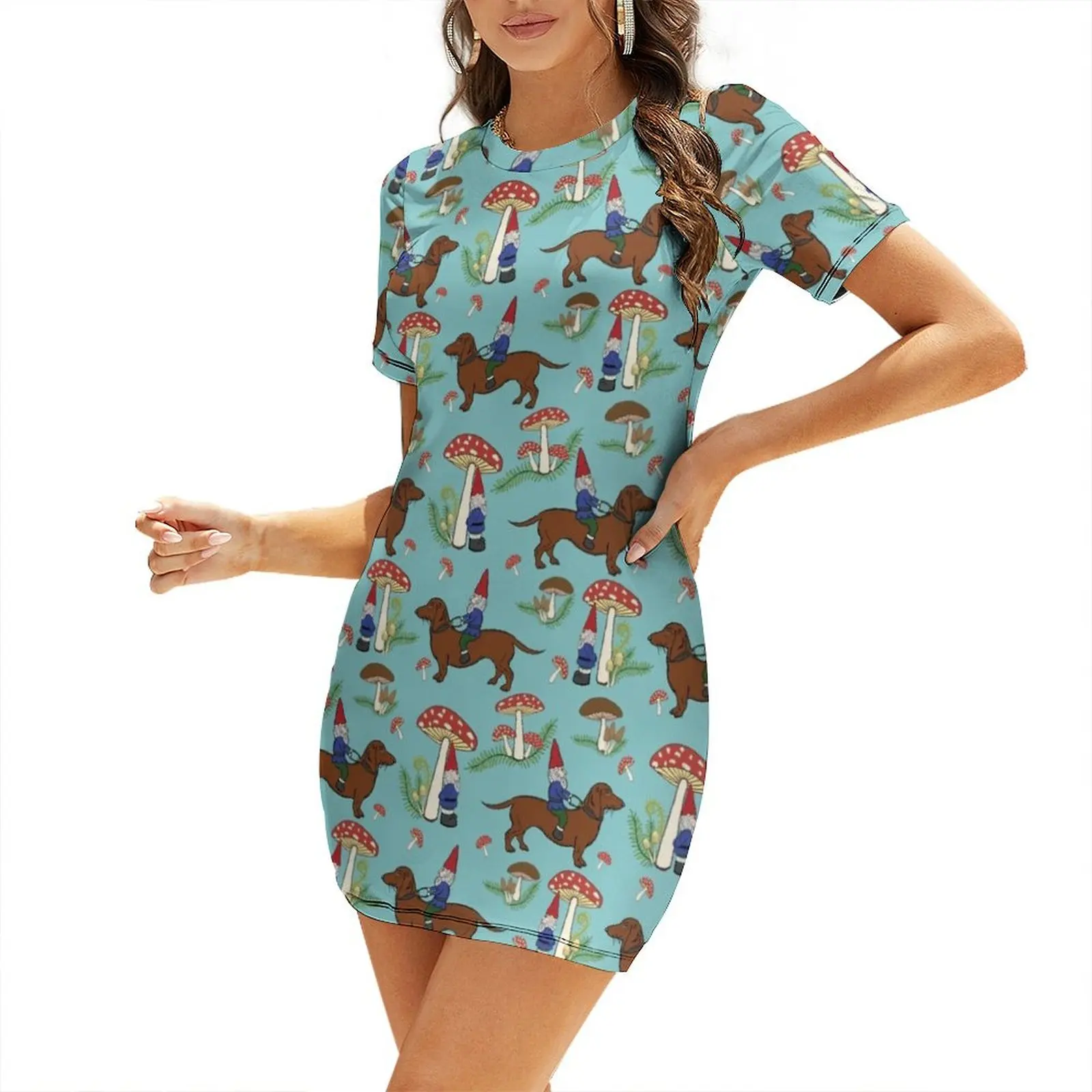 

Gnome and Dachshund in Mushroom Land, Turquoise Blue Background Short-Sleeved Dress dress women summer Women's summer dresses