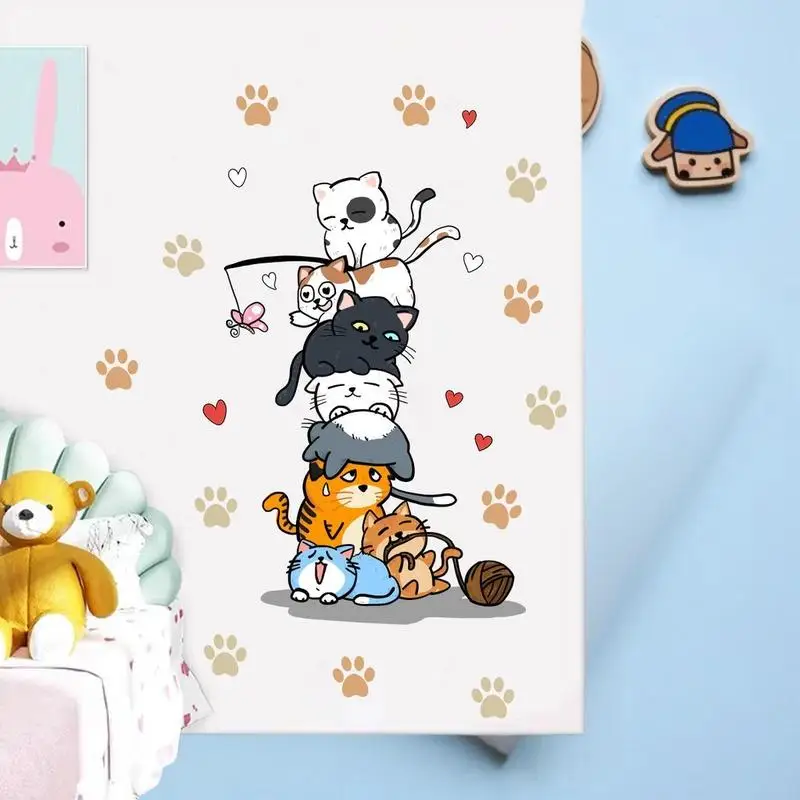 1 Buah Stiker Dinding Bertumpuk Cetakan Kaki Kucing dan Kucing Lucu untuk Dekorasi Rumah Stiker Dinding Kamar Tidur Kamar Anak-anak