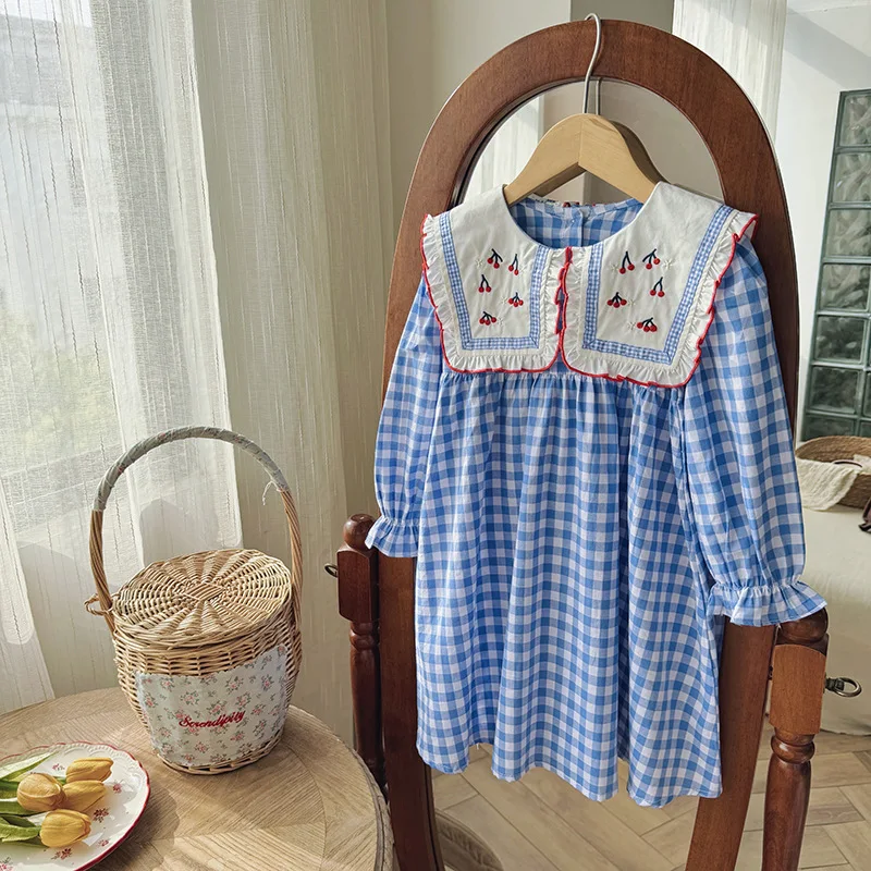 

Autumn 2025 Korean Style Girls Dress with Plaid Cherry Embroidery Puffy Sleeves Long Sleeves Sweet Children's Skirt