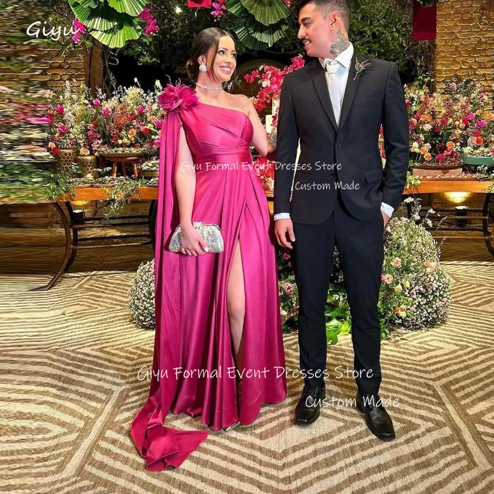 

Giyu One Shoulder Fuschia Evening Dresses Dubai Arabic Women Flowers Split Prom Gowns Long Formal Occasion Dress Plus Size