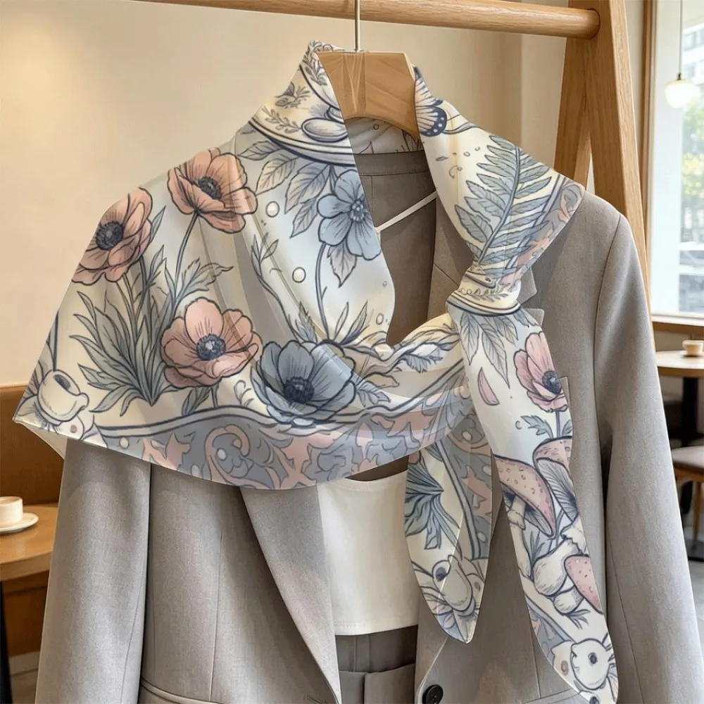 Pastel Tea Cup Floral Vibe Women Border Print Square Scarf, Stylish Multi-use Accessory Gift