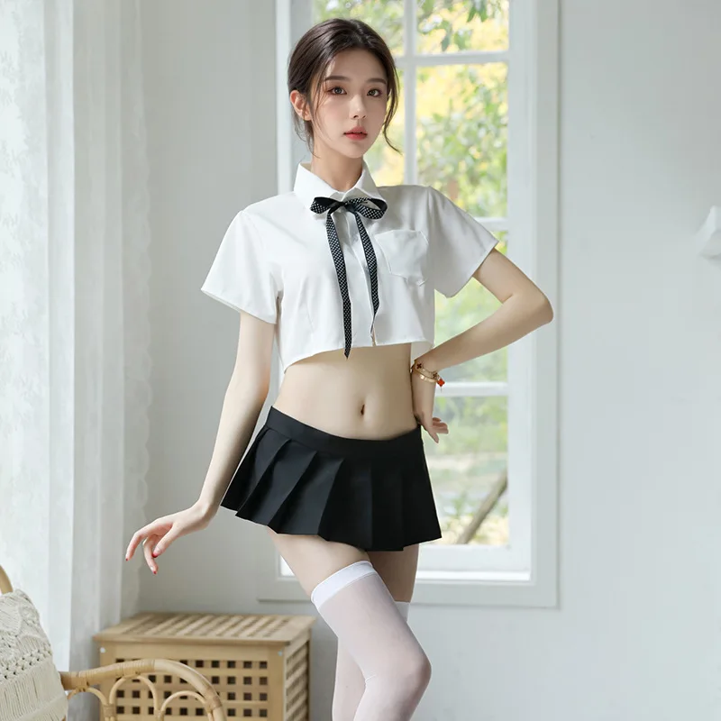 Sexy underwear sexy perspective students white shirt collar bow uniform temptation British plaid pleated skirt