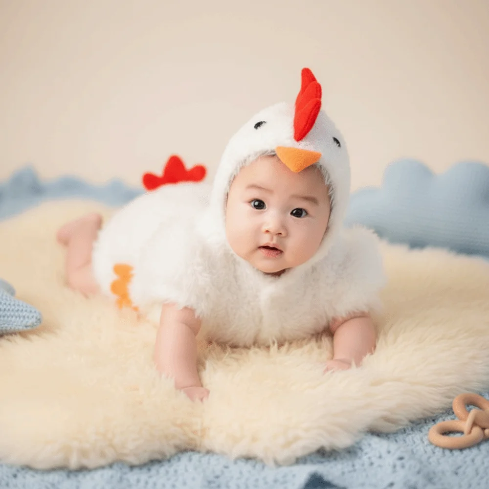Creatieve kip baby fotografie pak bodysuit hoed set harige romper baby studio shoot outfits schattig ontwerp unisex dieren
