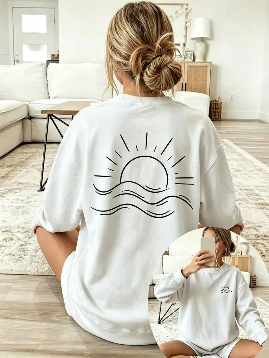 2026 Fashion New Arrival White Line Sun And Sea Pattern Print Womens Loose Short Sleeve Crew Neck Hoodie Double Sided Print Summer Casual Tee Basic Top T Shirt
