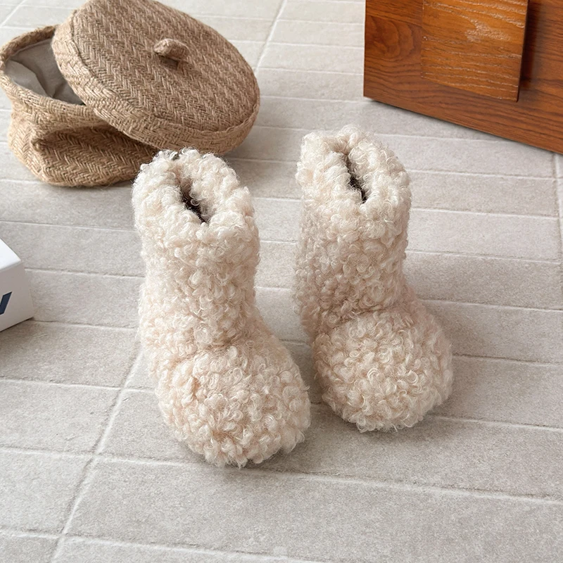 الفاخرة سميكة تيدي الفراء الأحذية طفلة رقيق الدافئة أفخم الجوارب الشتاء العلامة التجارية حذاء طفل صغير مصمم جولة تو الأحذية القطنية