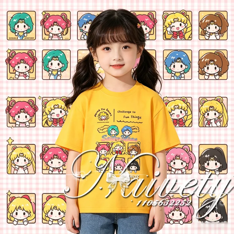 

Sailor Moon Cartoon Print Cotton T-shirt 2026 Summer Oversize Breathable Casual Loose Tees for Adult and Children