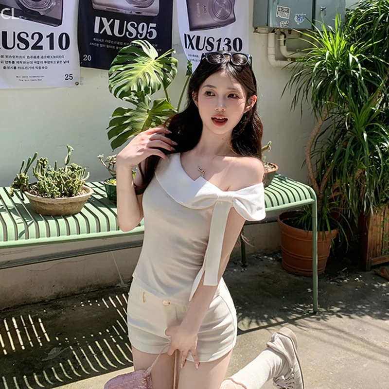 

Женская летняя футболка с открытыми плечами и бантом на талии в японском стиле, однотонные топы без рукавов с открытыми плечами