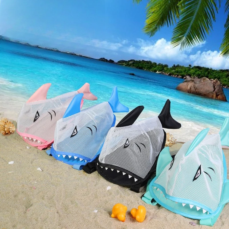Kids Shark Beach Bag Summer Cartoon Mesh Bag Shell Backpack Nylon Lightweight Waterproof with Adjustable Strap for Pool Travel