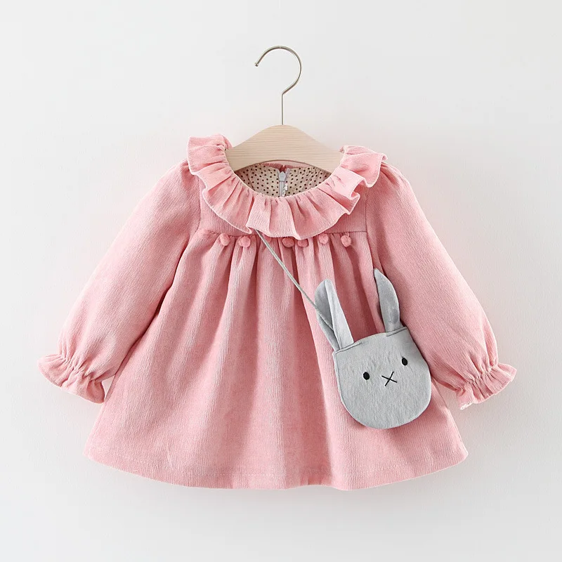 Baby Girl Clothes Children Casual Dress Toddler Solid Bow Long Sleeve Princess Dresses Outfit Infant Spring Dress with bag