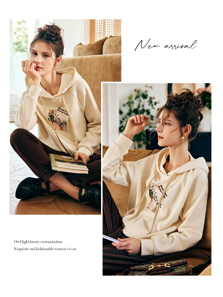 OLrain المرأة الجرافيك كم طويل هوديس 2025 الخريف الفرنسية المطبوعة البلوز عادية المتضخم مقنعين القمم الشارع الشهير O22QR65206