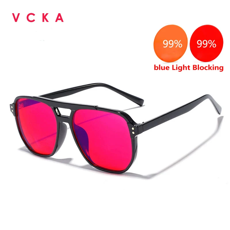VCKA Big Frame Women Men Red Orange Lens Glasses 99% blue light Blocking Retro Anti Fatigue Goggles Gaming Computer Eyewear