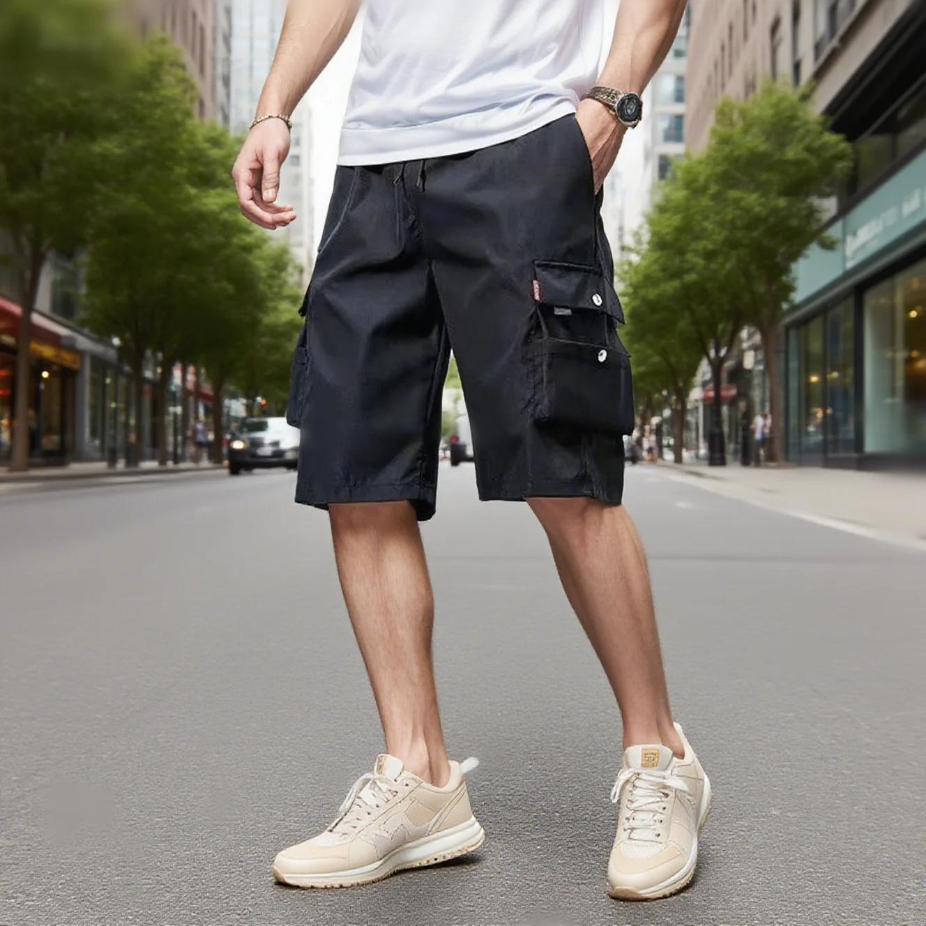2025 New Multi Pocket Men's Shorts for Casual Work Cool Shorts Loose Clothing Elastic Waist Sports Men's Casual Shorts