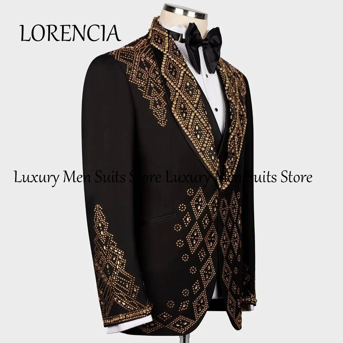 Formal 2024 Men Shawl Lapel Gold Rhinestone Embellished Suits Groom Wedding Tuxedos 3 Pieces Male Prom Blazers Costume Homme