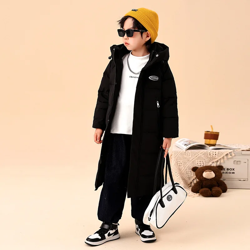 Winter Down Jacket for Kids Black Hooded Windproof Coats Teen Boys Mid-long Outerwear Children Thicken Warm Overcoat 6 8 10 12 Y