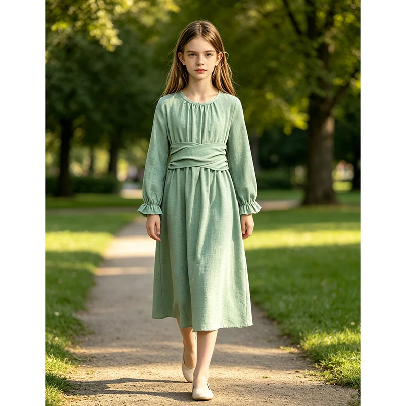 Teen Girls Spring Textured Midi Dress, Back Keyhole Closure Elastic Waist Flared Hem Long Sleeve Casual Solid Color Kids Dress