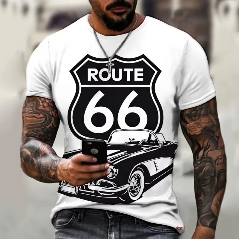 

New Summer Hot-Selling Mens T Shirts Man 3D Printed Fashion Retro Short Sleeve Top Route 66 T Shirt Men Streetwear Short Sleeve