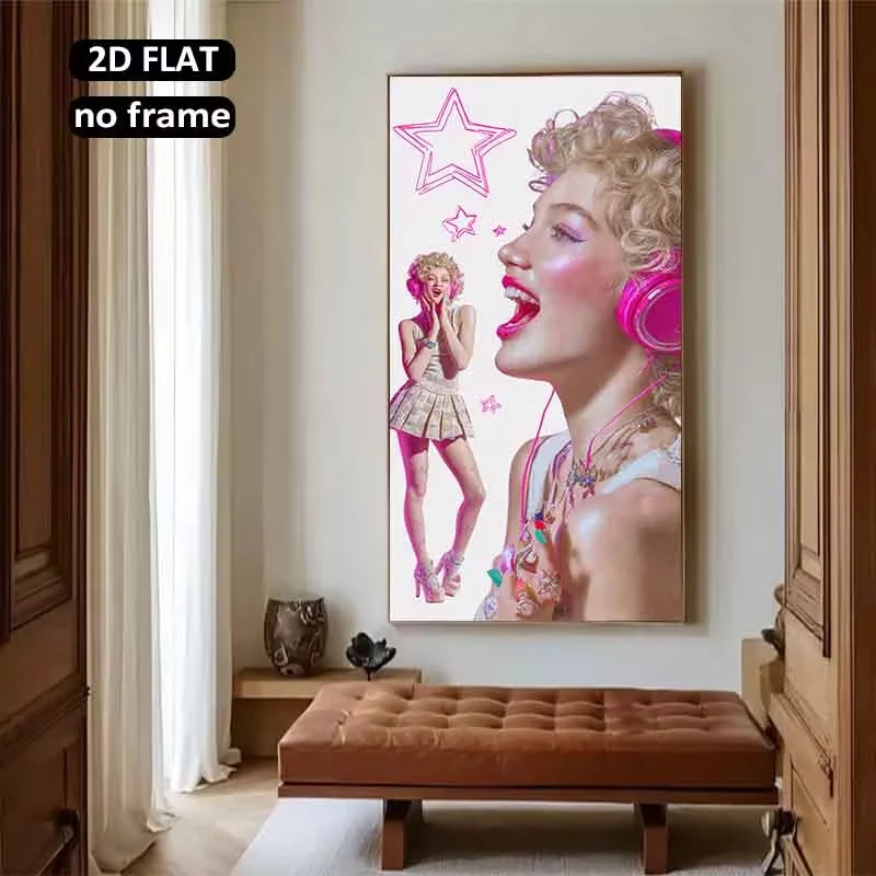 2D Flat, 2D Flat 1pc 31.49X62.99Inch 80X160Cm Unframed Large Canvas Printing Vibrant Fashion Pink Headphones, Starburst Glamour