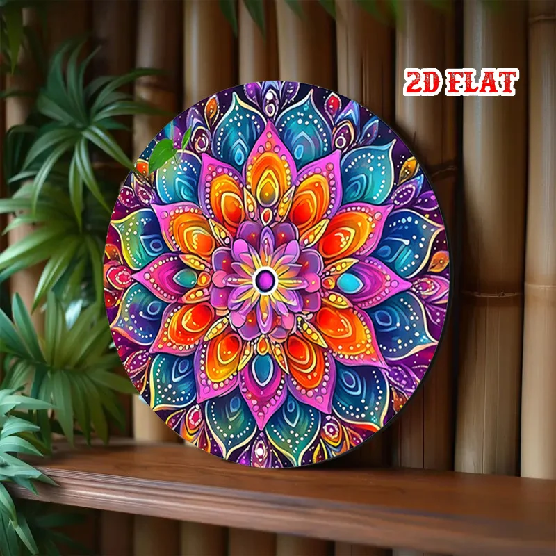 2D Flat, 1pc Mandala Flower Metal Wall Art - Round Retro Mandala Sign Suitable for Home, Cafe, Garage, Dining Room - Aluminum De