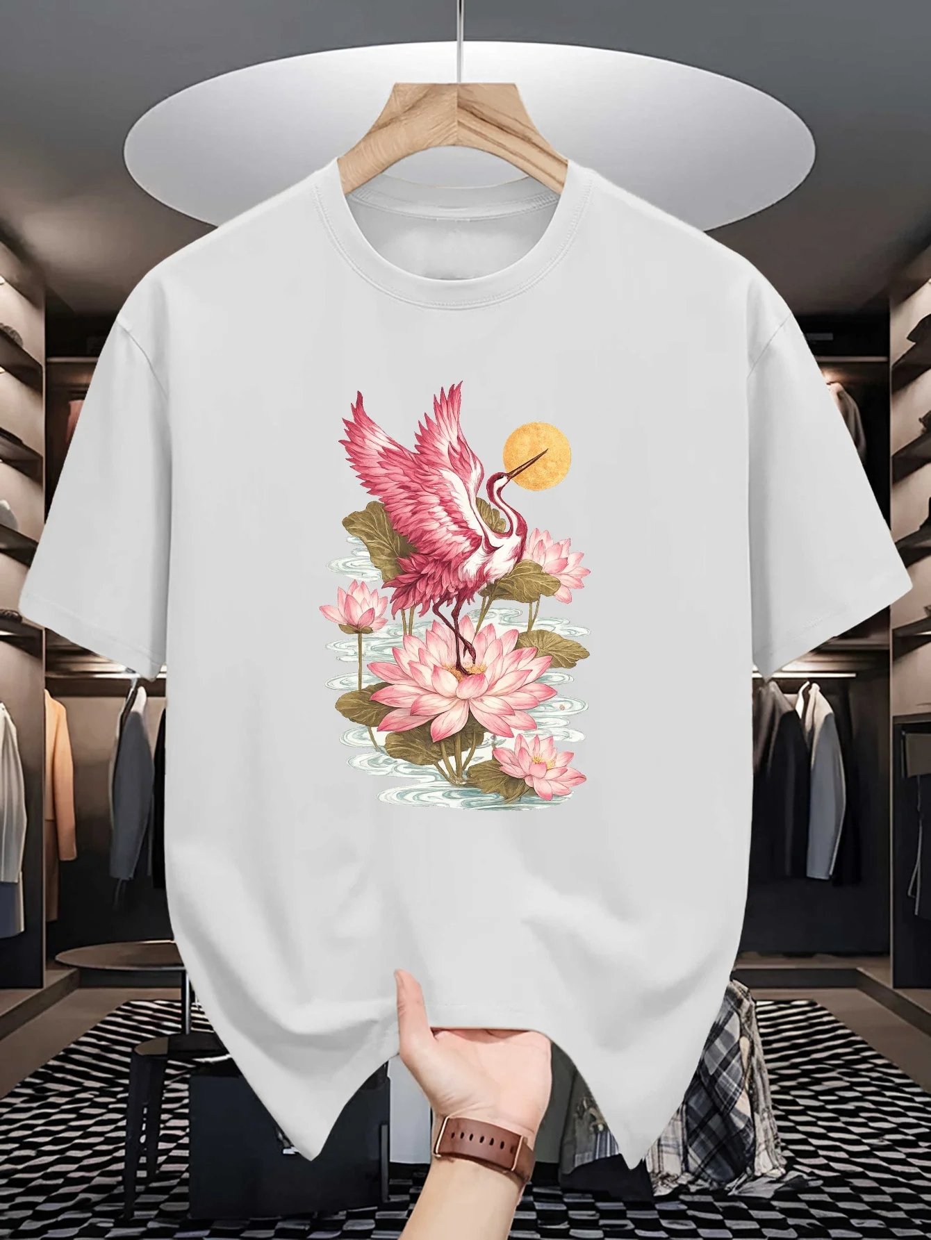 East Asian Art Print Mens Crew Neck T Shirt Red Crane Lotus Moon Retro Graphic Short Sleeve Casual Cotton Aesthetic Street Tees