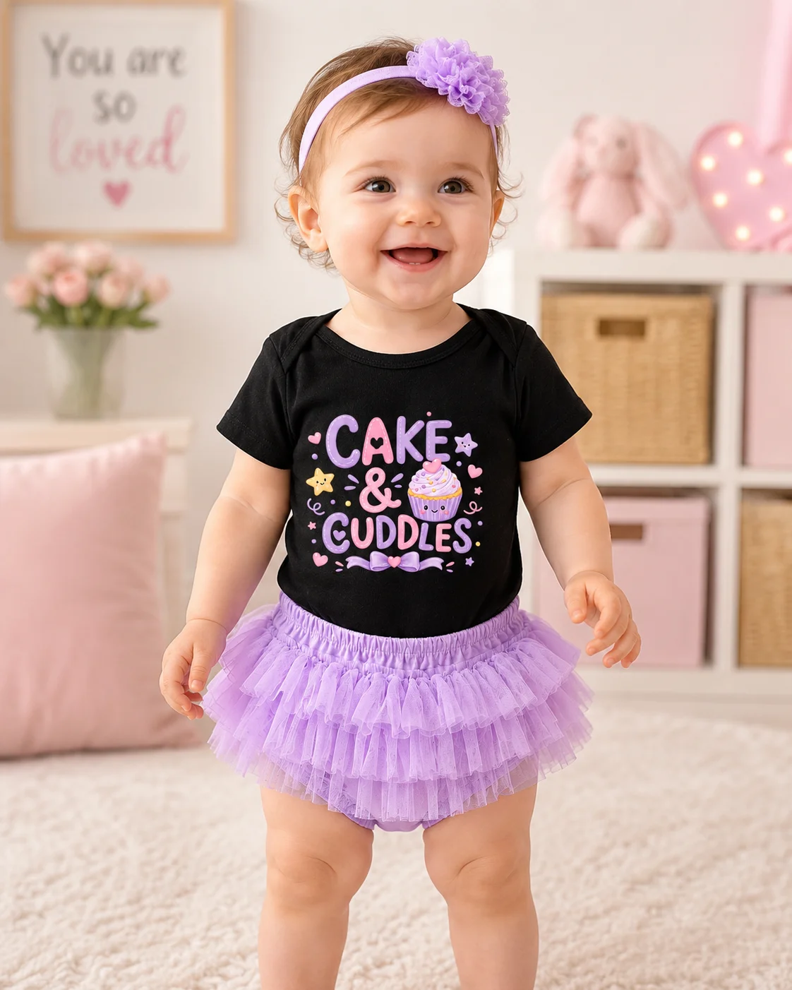 Baby Girl 3Pcs Birthday Outfit Cake & Cuddles Print Bodysuit Purple Tulle Tutu Skirt Flower Headband Set Infant Smash Cake Party